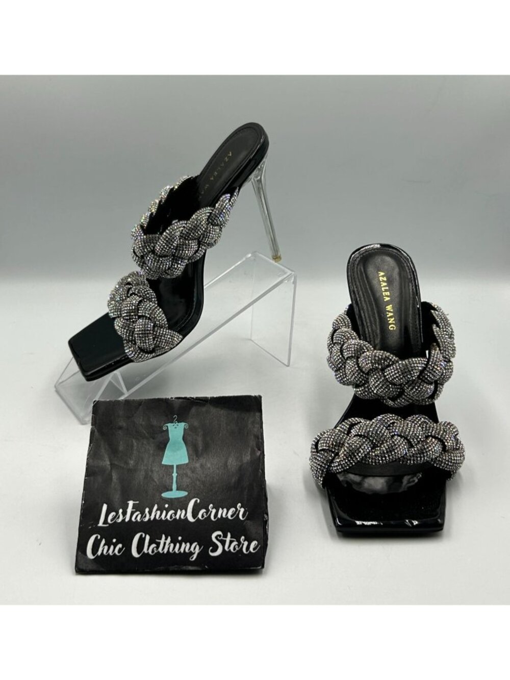 Azalea Wang Women's Black Patent Rhinestone Braided Stiletto Heels Size 6 3366